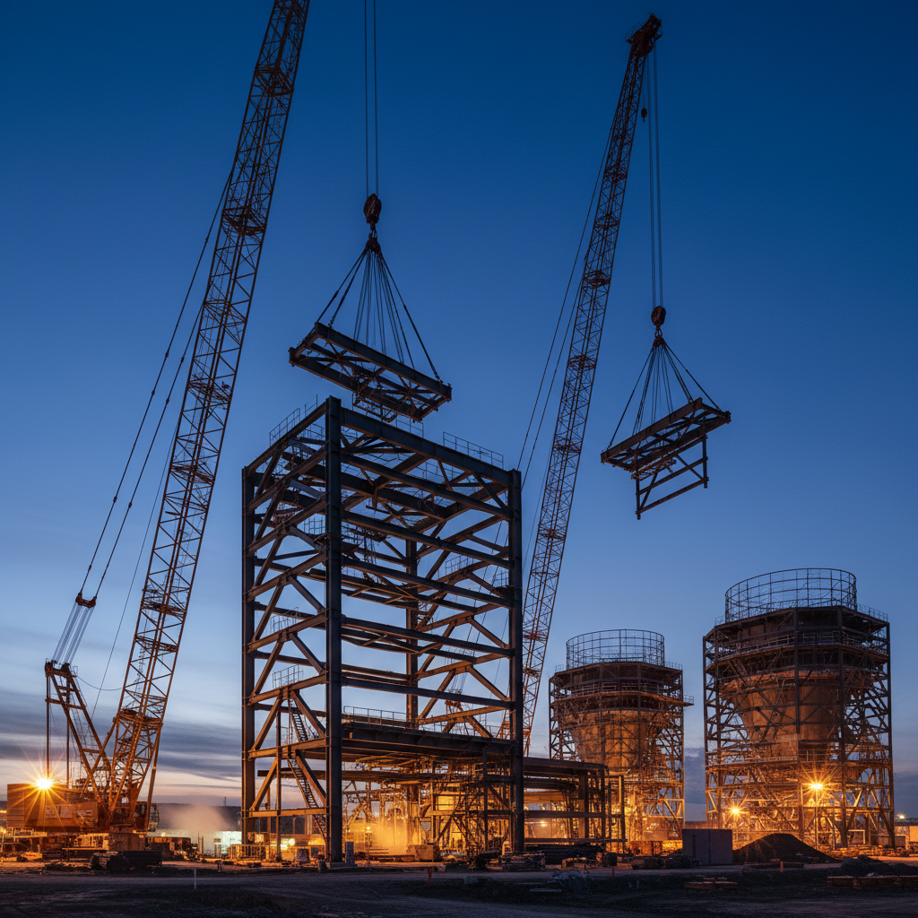 Construcción industrial EPC M2 Energy — grúas y estructura de acero